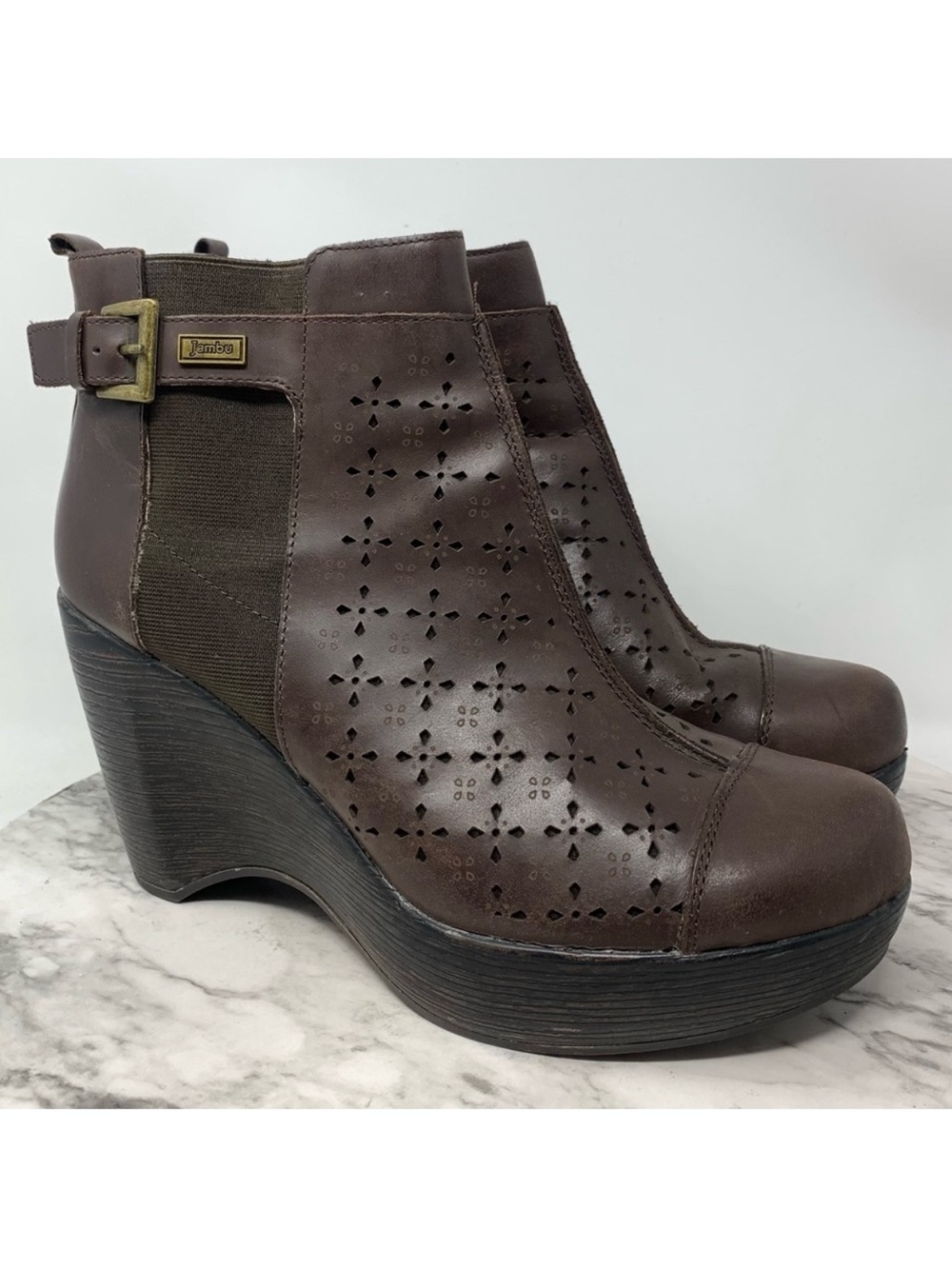 Jambu Brighton Perforated Brown Wedge Boots 10 Cottagecore Classic Artsy Sporty